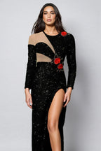 Reyna Flowers Sequins Slit Maxi Dress