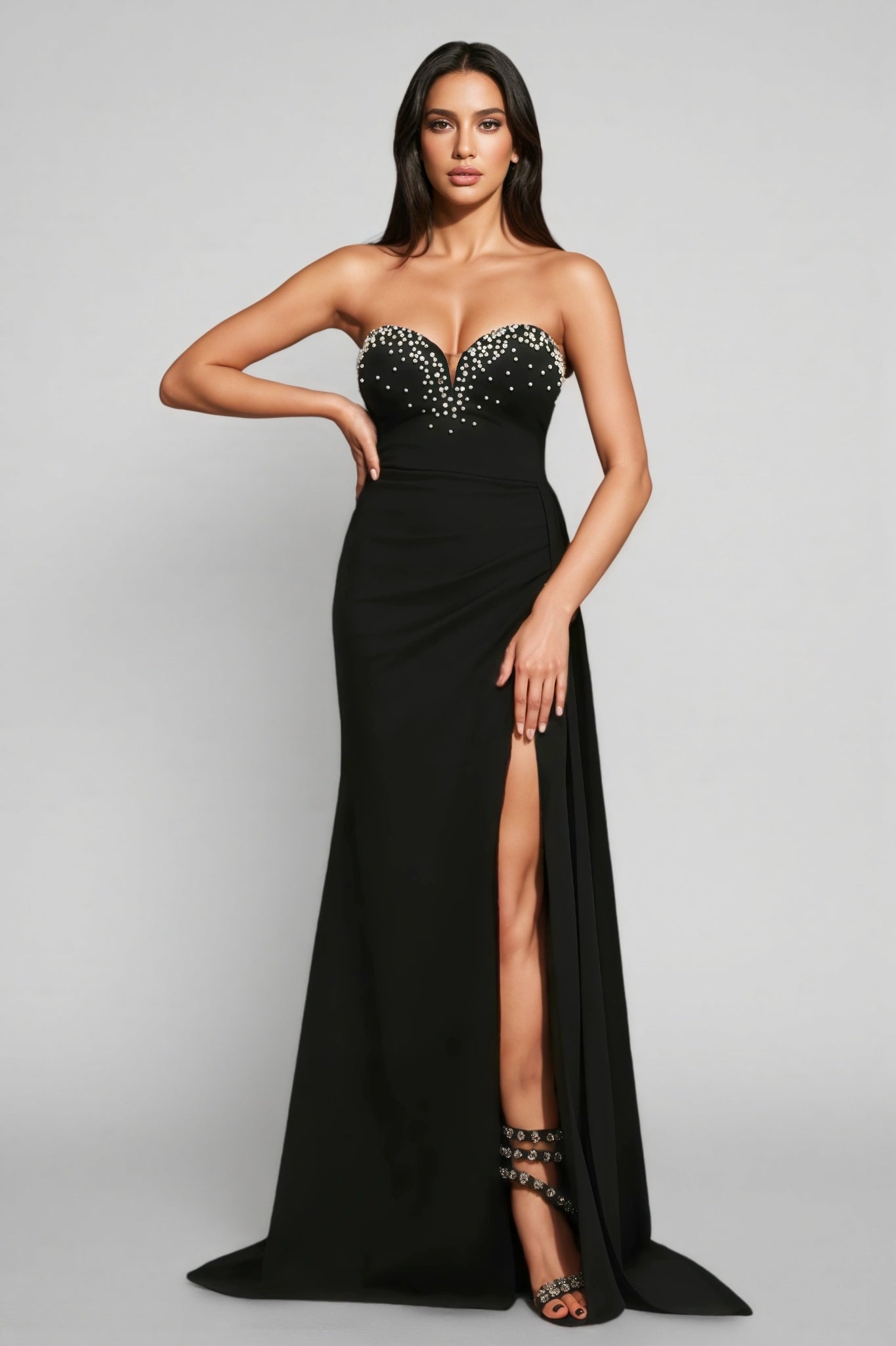 Romelle Sleeveless Pearl V-Neck Slit Maxi Dress