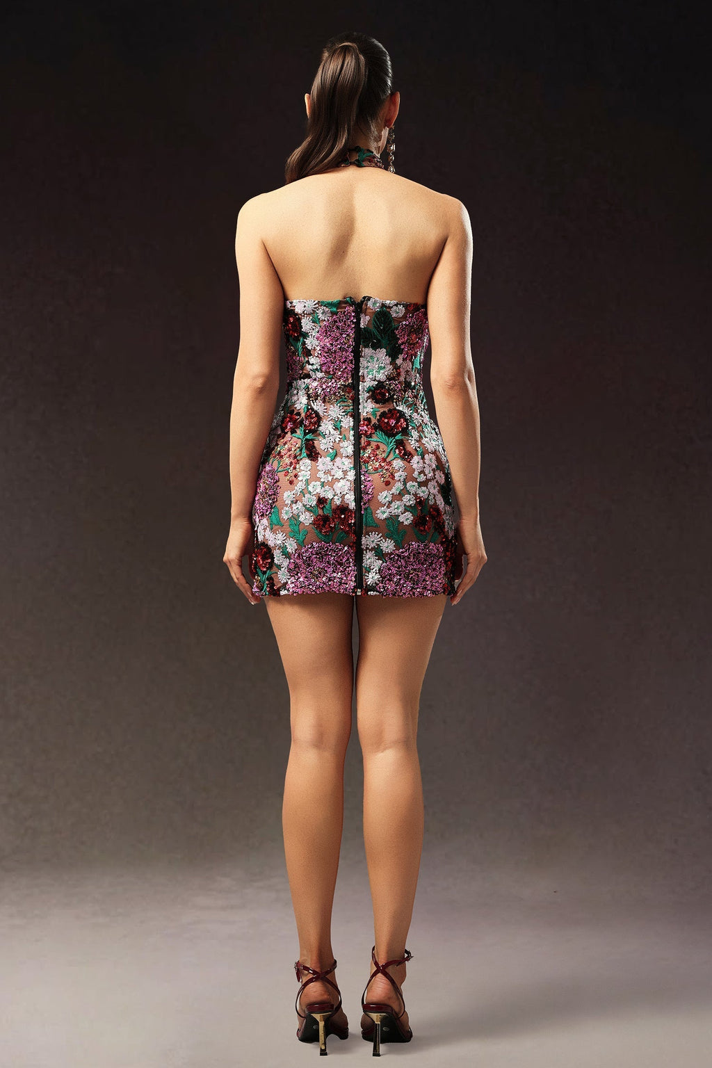 Halter Sleeveless Sequins Flower Mini Dress