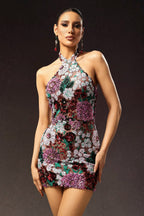 Halter Sleeveless Sequins Flower Mini Dress