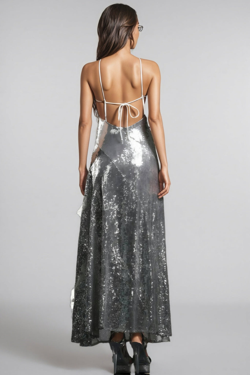 Coler Halter Sequins Ruffled Maxi Dress