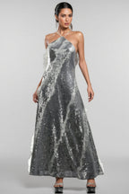 Coler Halter Sequins Ruffled Maxi Dress