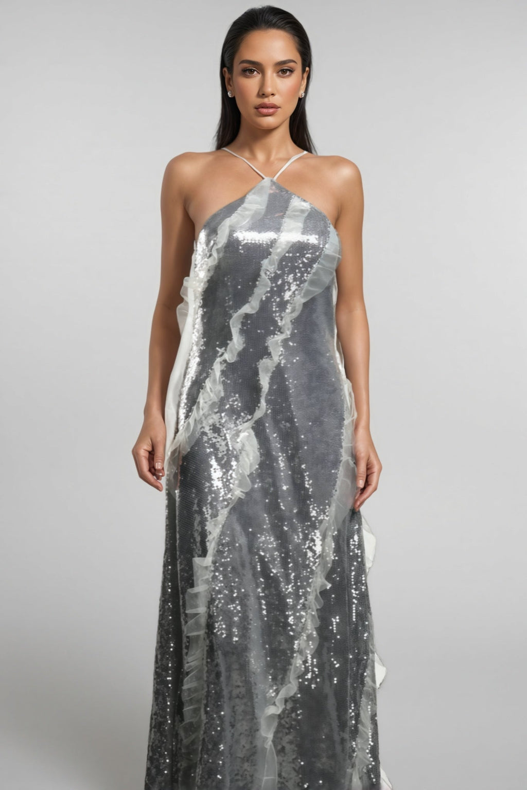 Coler Halter Sequins Ruffled Maxi Dress