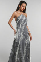 Coler Halter Sequins Ruffled Maxi Dress