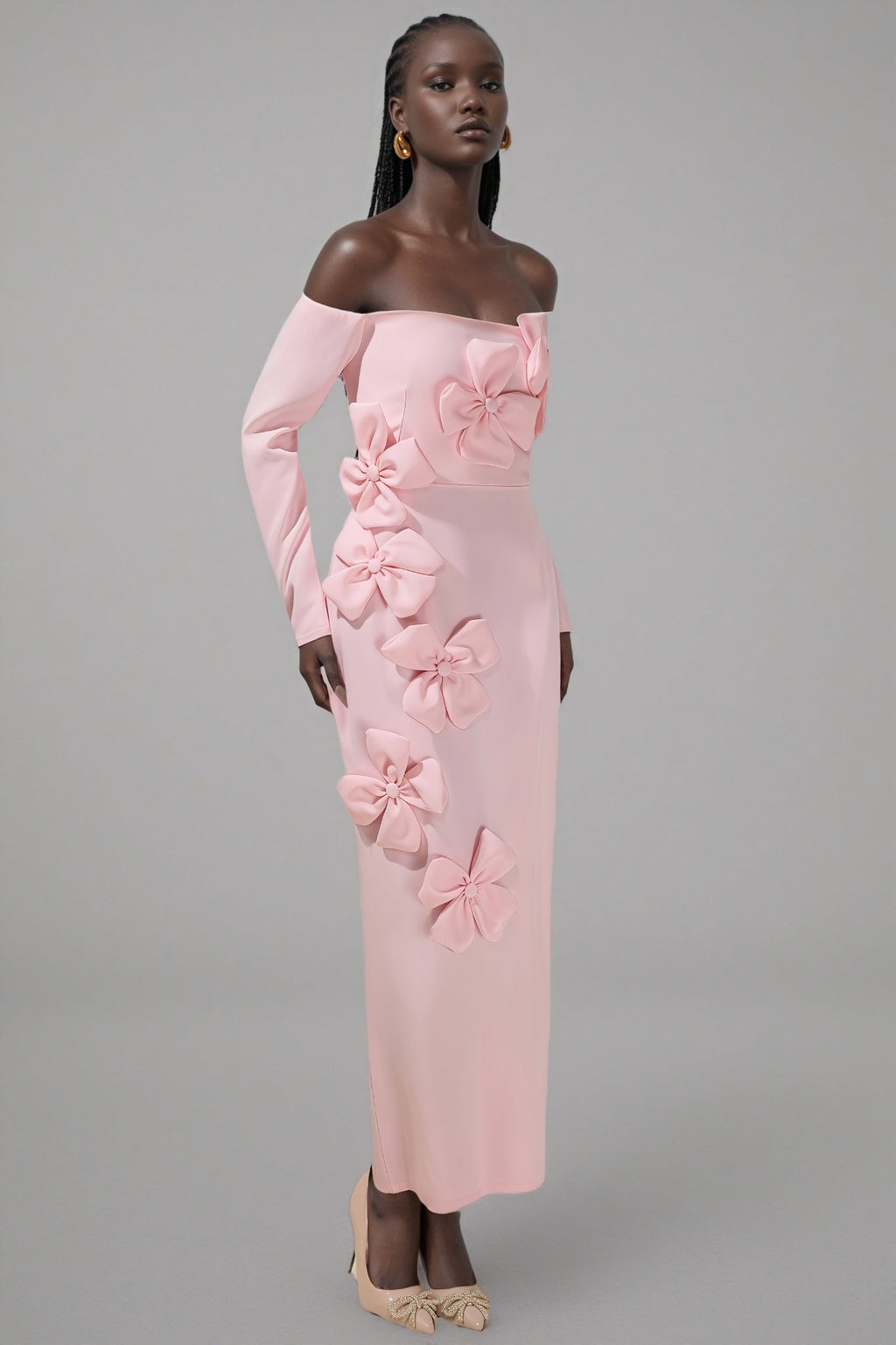 Verna Pink 3D Flower Off-Shoulder Midi Dress