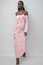 Verna Pink 3D Flower Off-Shoulder Midi Dress