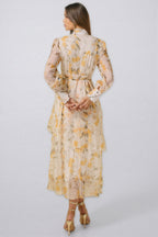Leonasd Lace Splicing Chiffon Ruffle Midi Dress