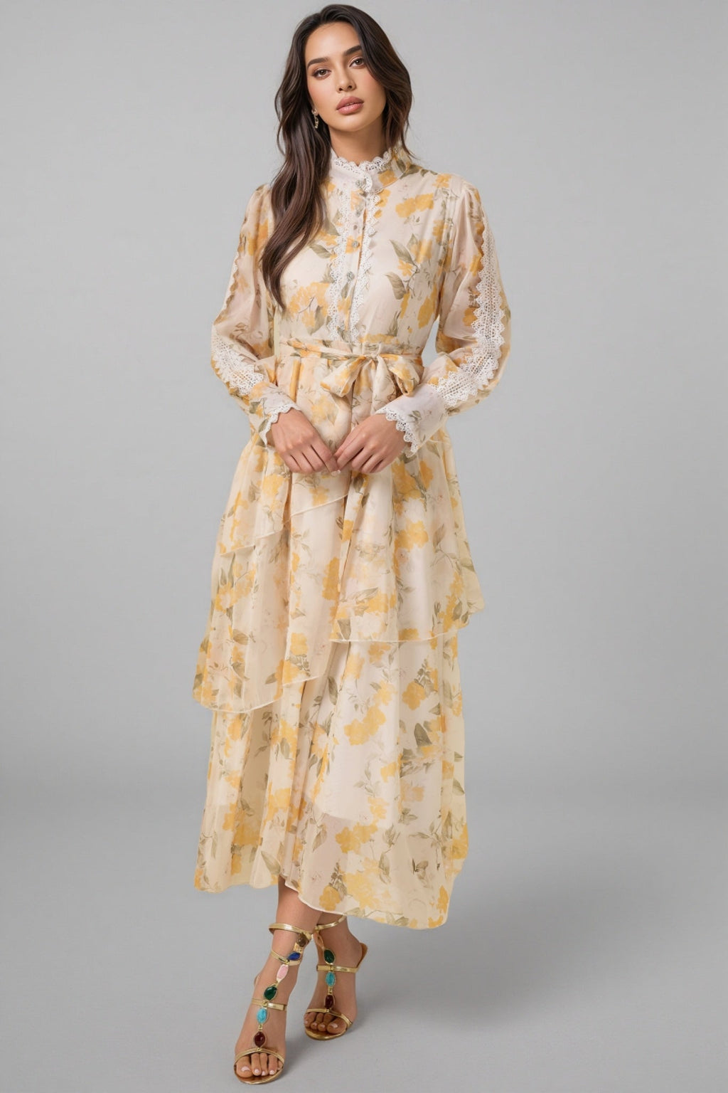 Leonasd Lace Splicing Chiffon Ruffle Midi Dress