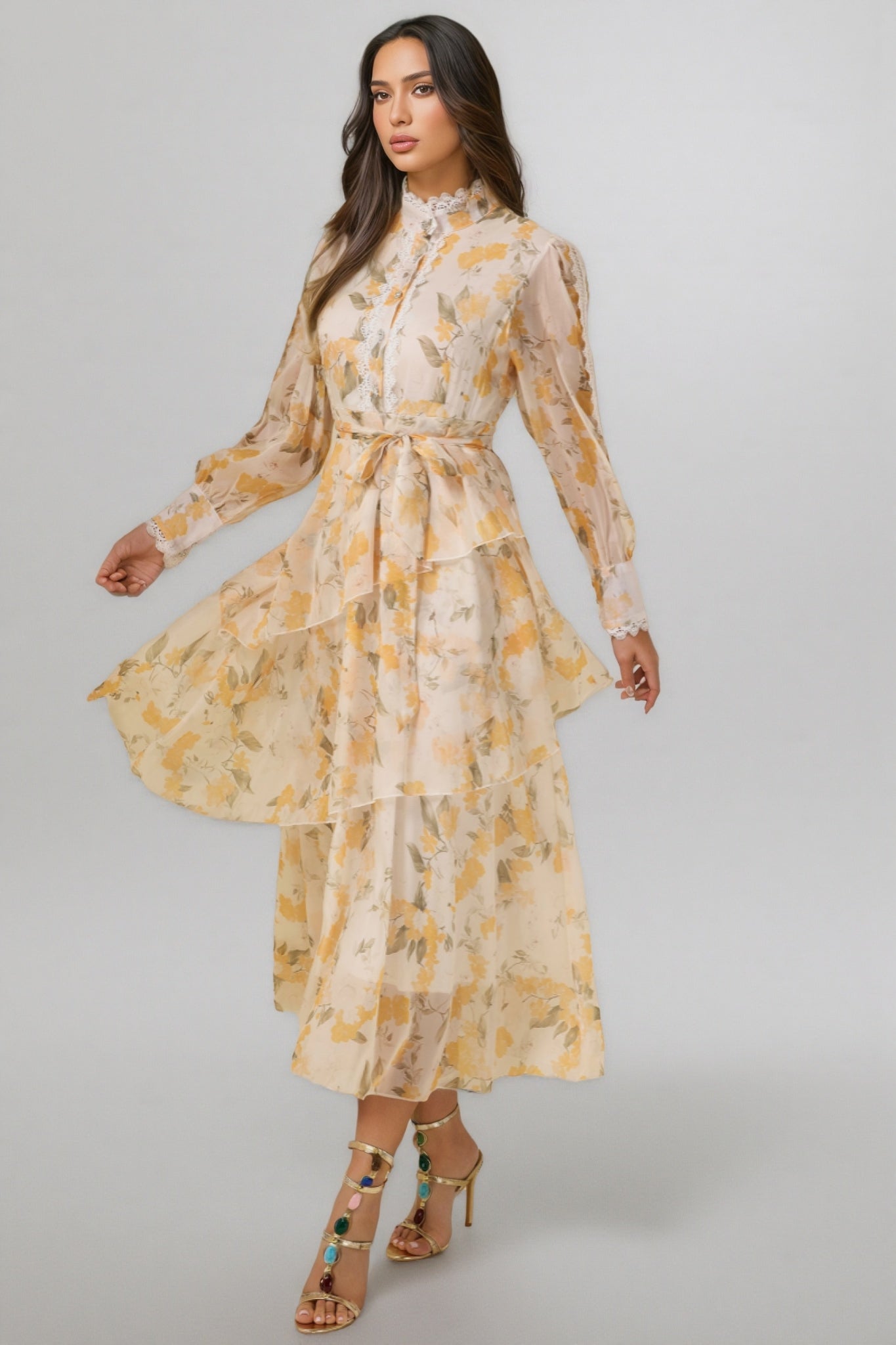 Leonasd Lace Splicing Chiffon Ruffle Midi Dress
