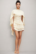 Lyssty White Shawl Panel Ruffled Satin Mini Dress