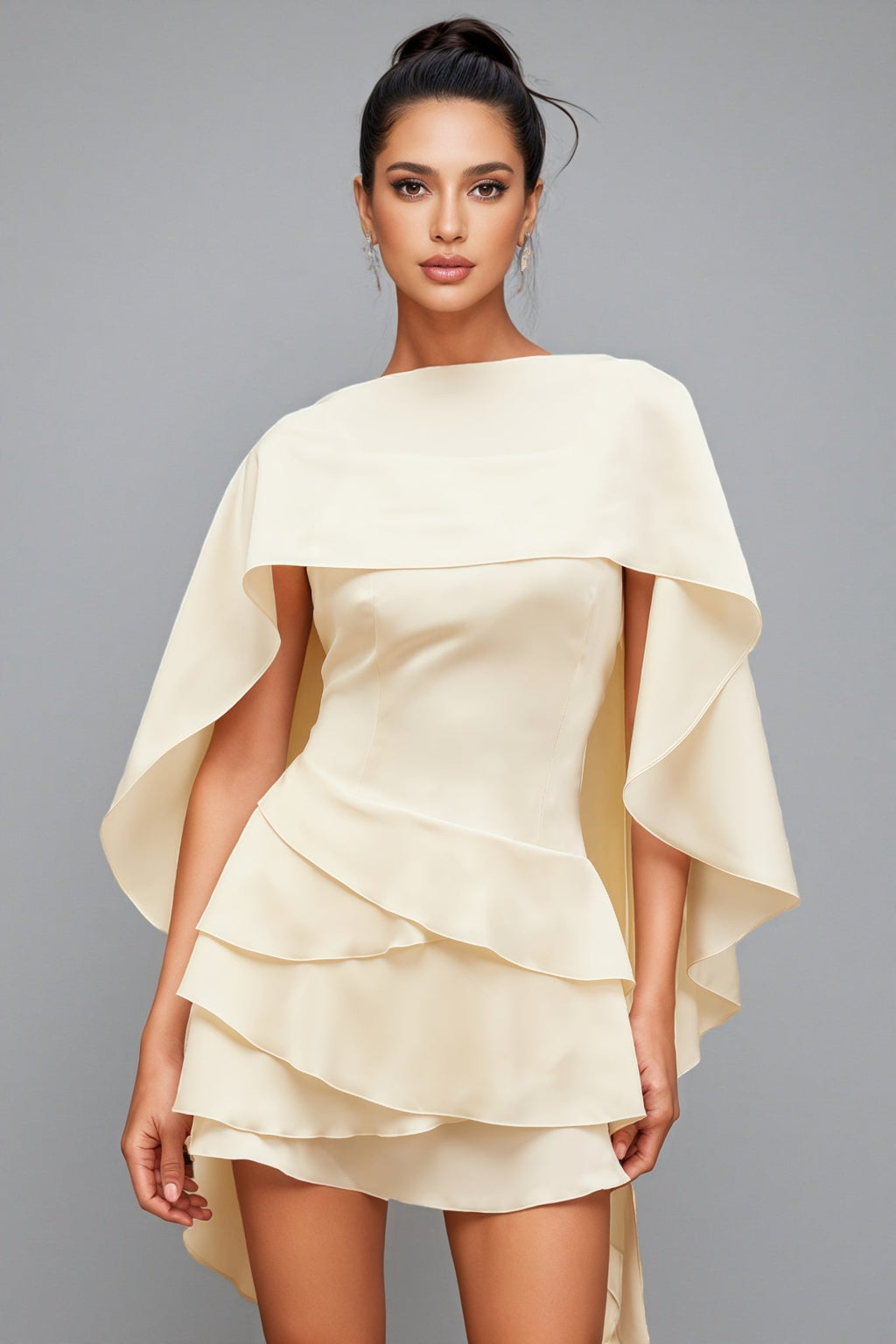 Lyssty White Shawl Panel Ruffled Satin Mini Dress
