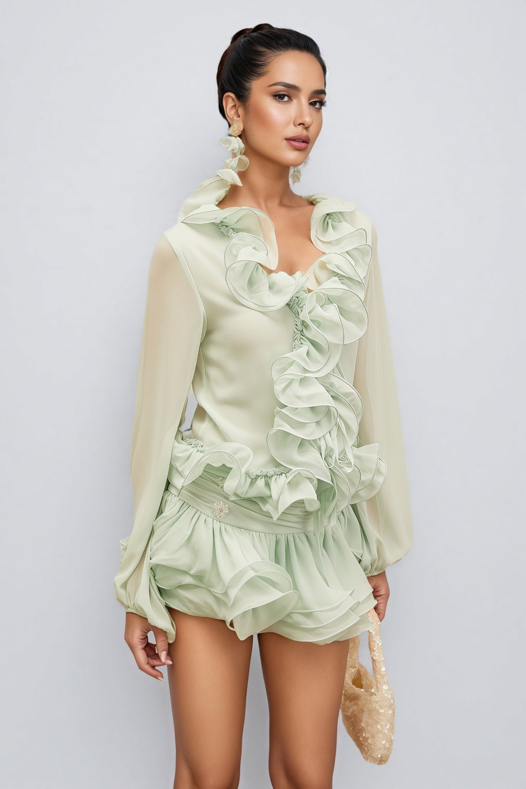 Salamo Ruffle Floral Trim Cardigan Mini Dress Set