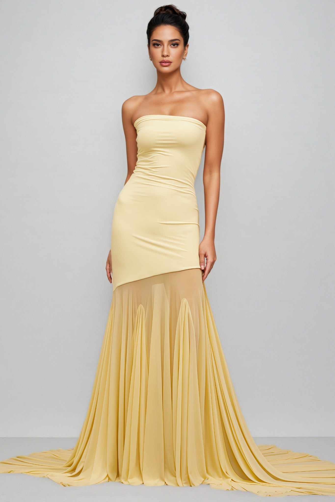 Elwyt Yellow Off Shoulder Sheer Tulle Maxi Dress