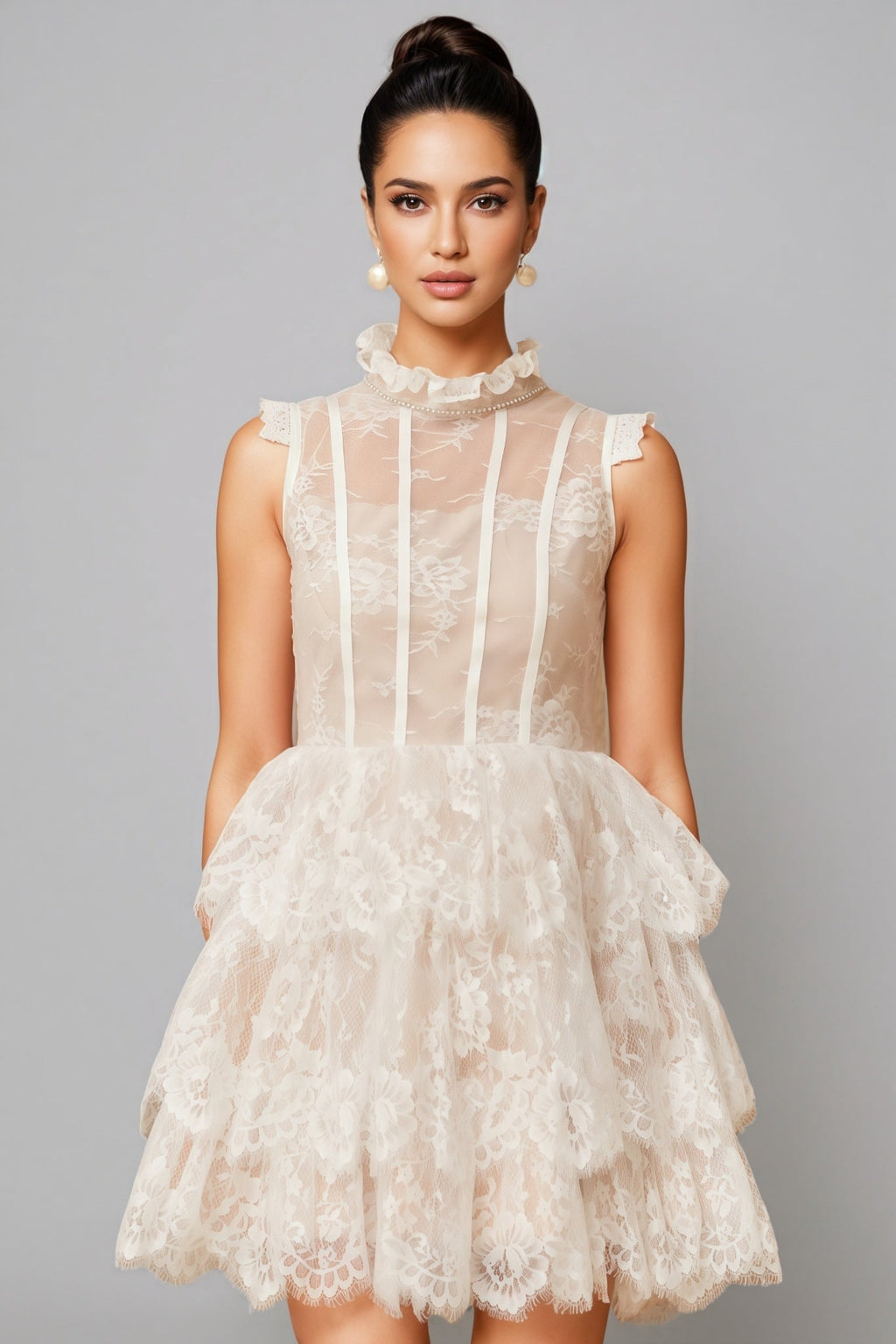 Yamaly White Floral Lace Tiered Mini Dress