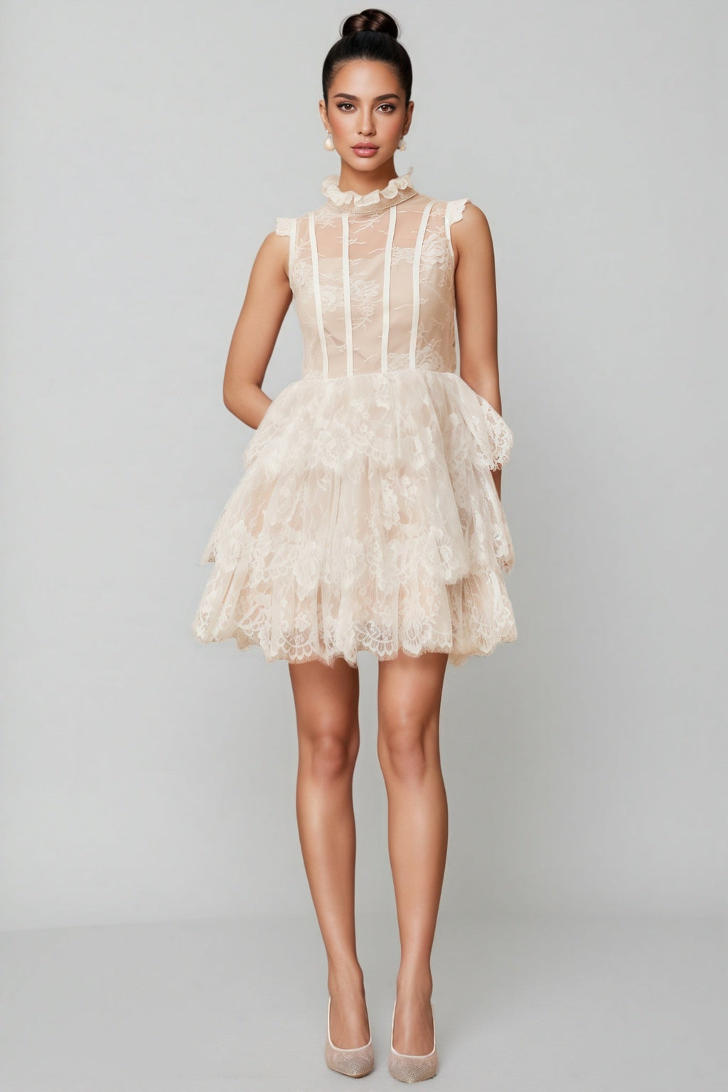 Yamaly White Floral Lace Tiered Mini Dress