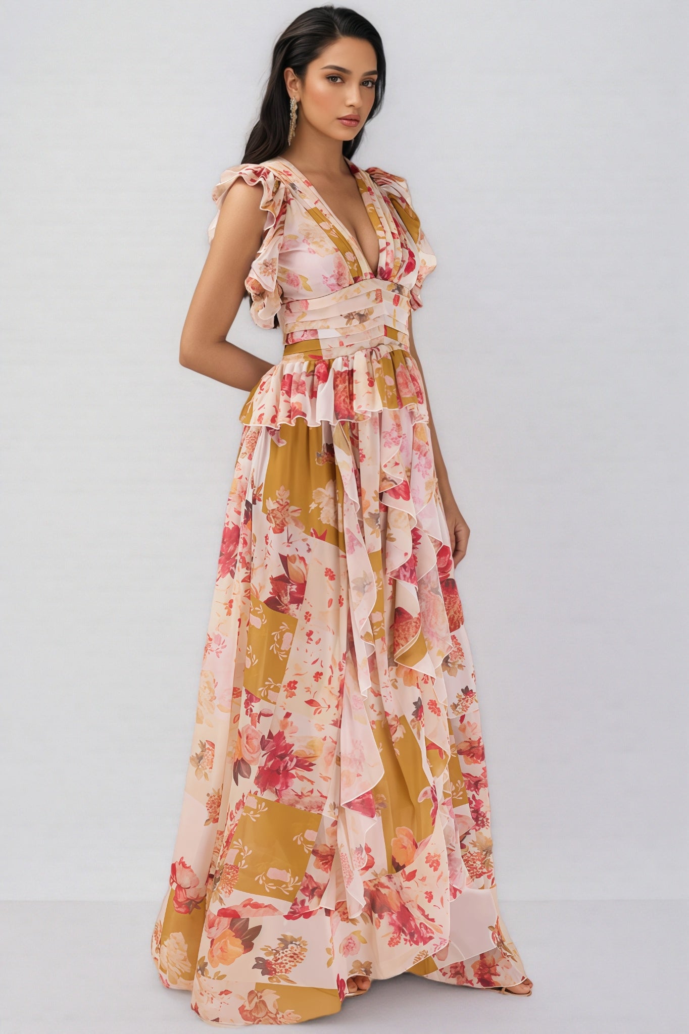Rosel Ruffle V-Neck Split Maxi Dress