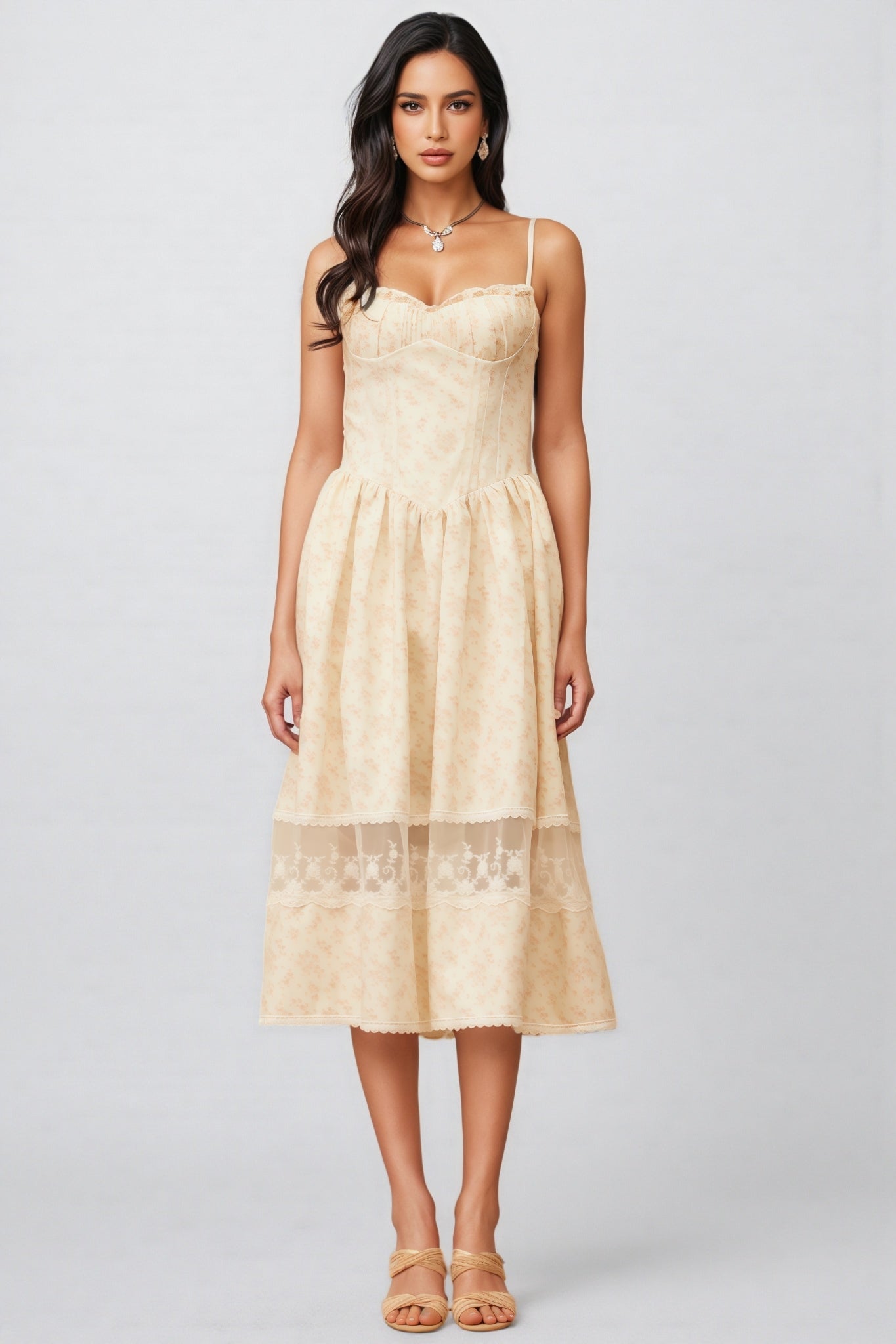Adrienne Neutral Lace Trim Floral Midi Dress