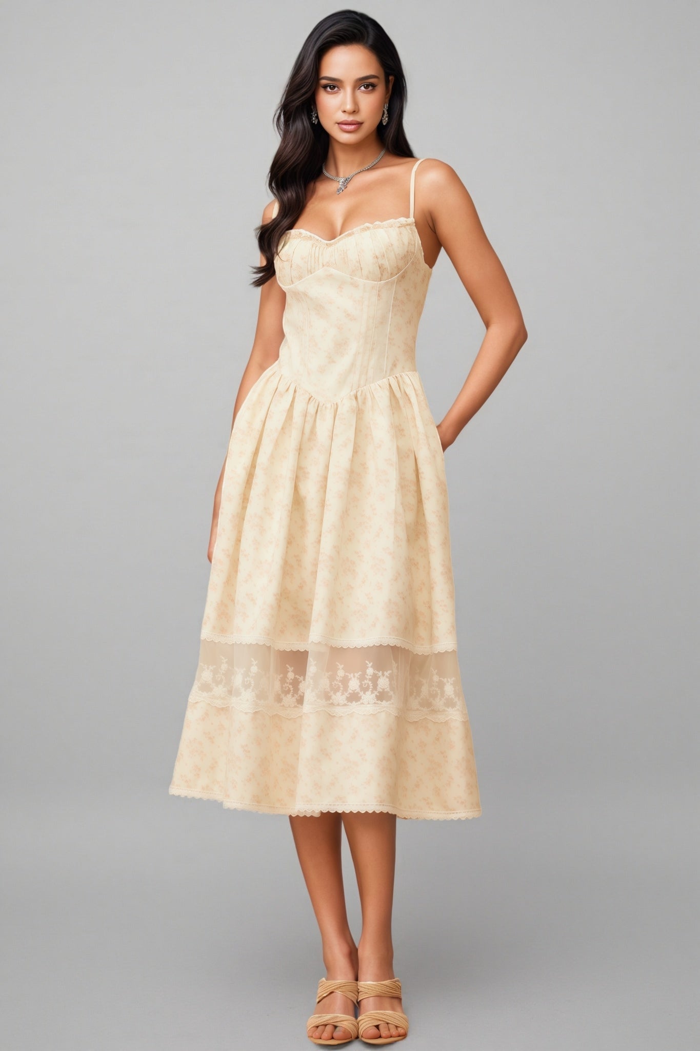Adrienne Neutral Lace Trim Floral Midi Dress