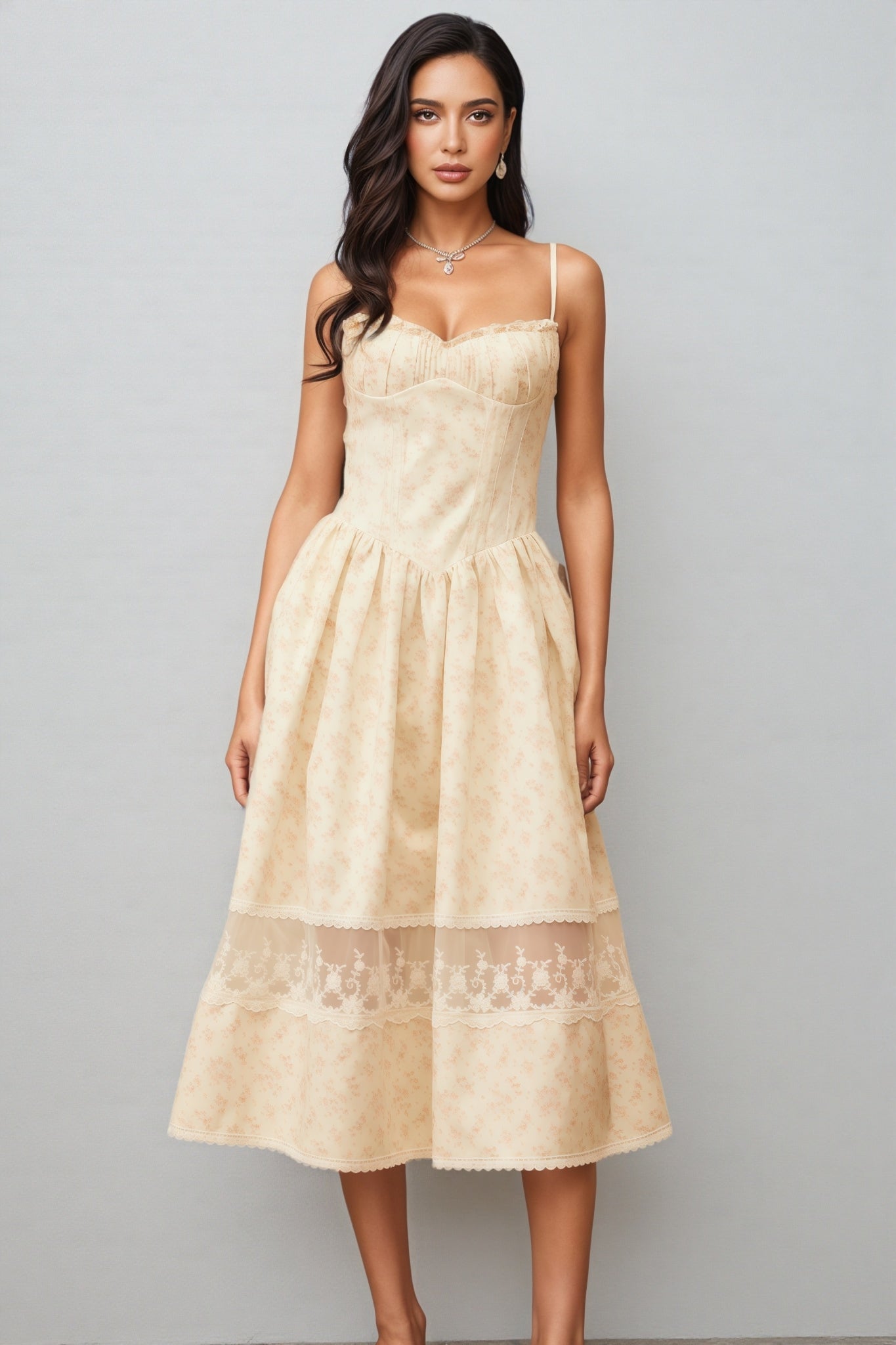 Adrienne Neutral Lace Trim Floral Midi Dress