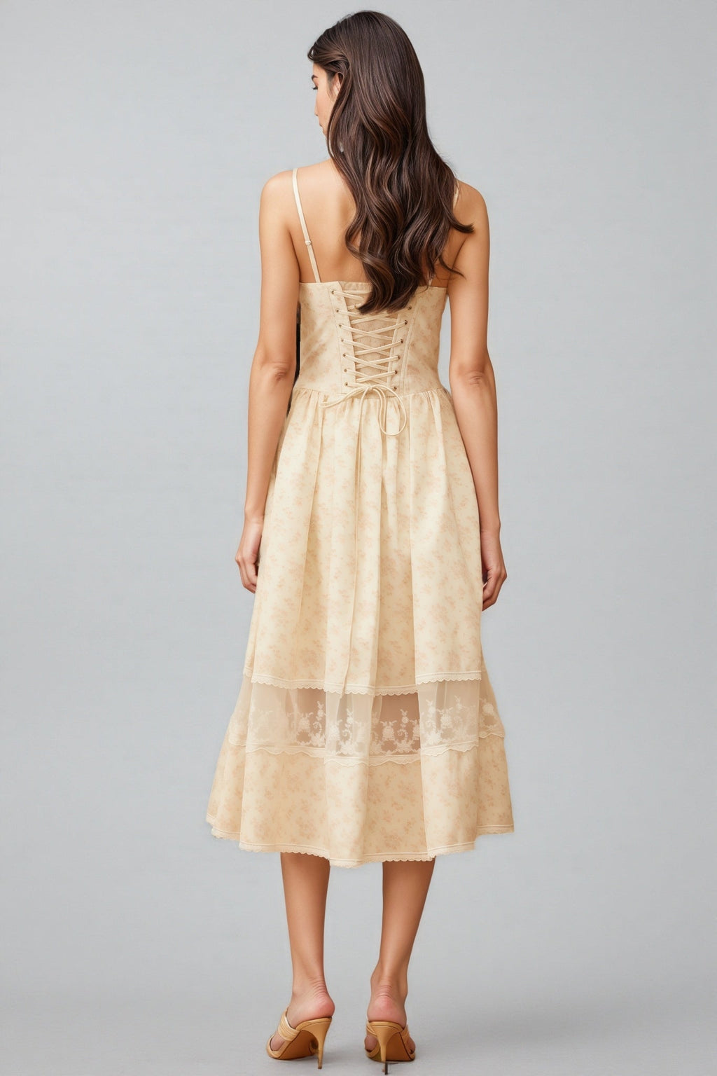 Adrienne Neutral Lace Trim Floral Midi Dress