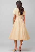 Ivonne Neutral Tulle Panel Wraped Midi Dress