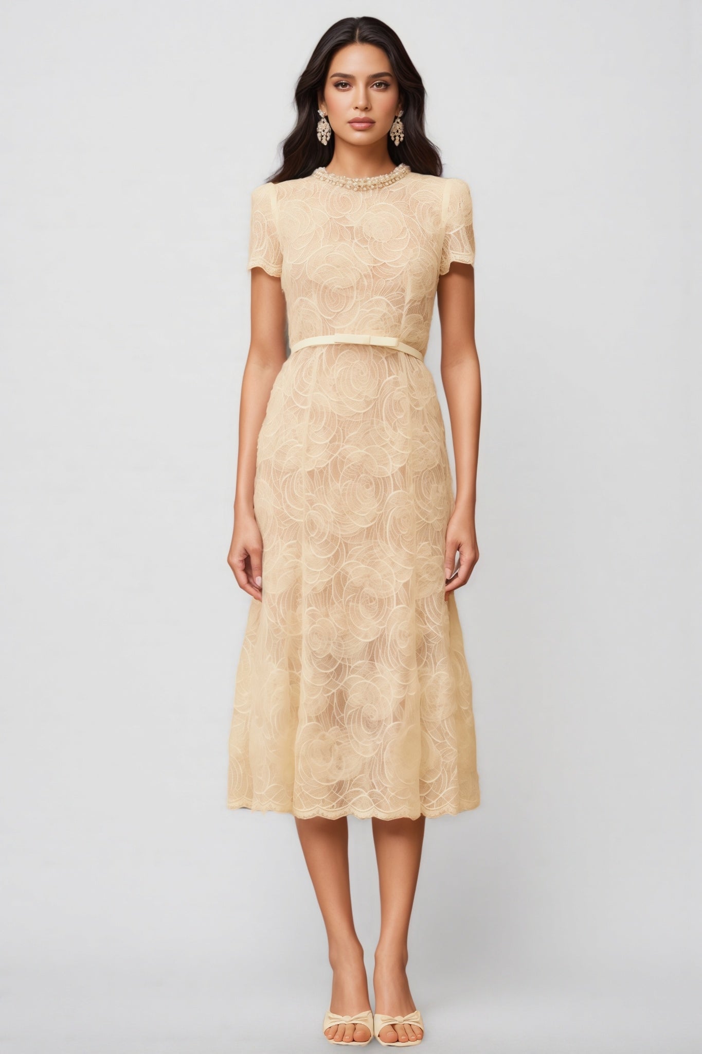 Aurore White Embellished Floral Lace Midi Dress