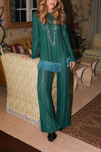 Relaxing Time Knit Zigzag Pattern Tassel Trim Slit Top and Wide Leg Pants Set