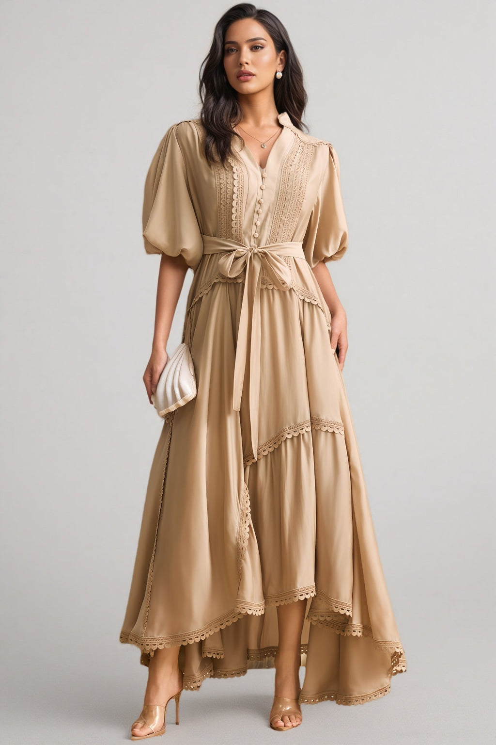 Beaufort Lace Trim Puff Sleeve Maxi Dress