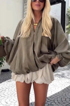Fashion Lapel Loose Puff Long Sleeve Casual Zipper Jacket