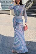 Gianna Chiffon Unique Print Button Long Sleeve Flare Hem Shirt Maxi Dress