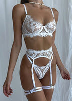Fleuria - White Embroidered Lingerie Set with Garter Belt