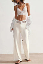 Solid Color Openwork Waist Tie Casual Knit Straight Leg Pants