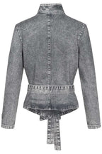 Casual Meetup Denim Stand Neck Long Sleeve Belted Loose Jacket