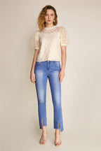 Ivory Floral Lace Round Neck Puff Sleeve Blouse