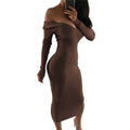 Rissa Off The Shoulder Ribbed Knit Dress Chocolate