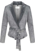 Casual Meetup Denim Stand Neck Long Sleeve Belted Loose Jacket