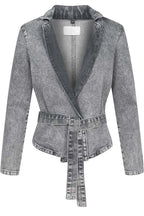 Casual Meetup Denim Stand Neck Long Sleeve Belted Loose Jacket