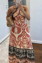 Bohemian Style Unique Print Halter Neck Casual Vacation Maxi Dress