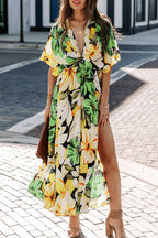 V-Neck Floral Print Waist-Tie Slit Maxi Dress