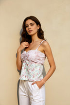 Floral square neck shirred cami top