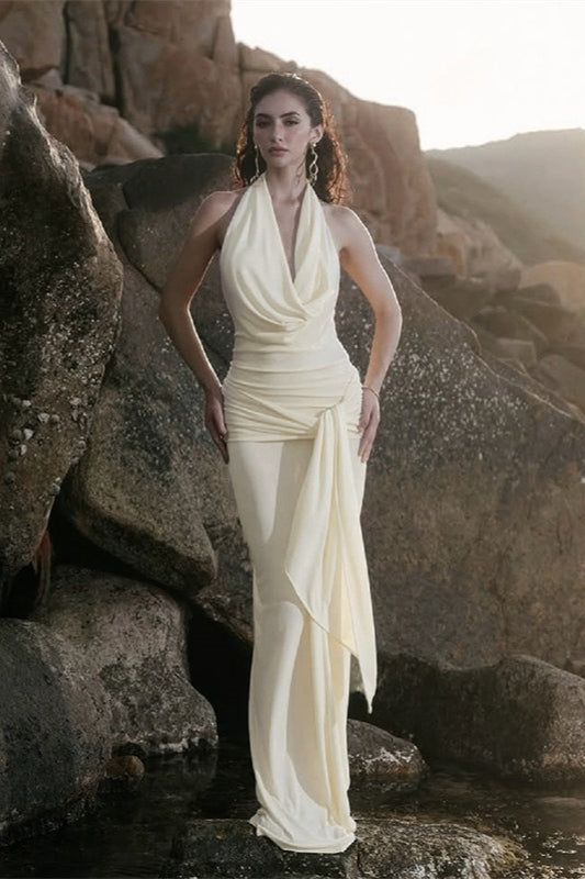Draped Neckline LowBack Maxi Party Dress