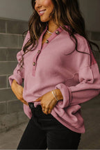 Smoke Green Waffle Patchwork Drop Sleeve Henley Top