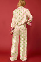 Christmas Printed Velvet Lace-up Long-sleeve Pocket Top and Elastic Waist Wide-leg Pants Set