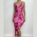Tie dye ruffle halter mesh backless self tie irregular maxi dress
