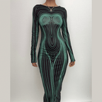 Long sleeve round neck contrast abstract body print maxi dress