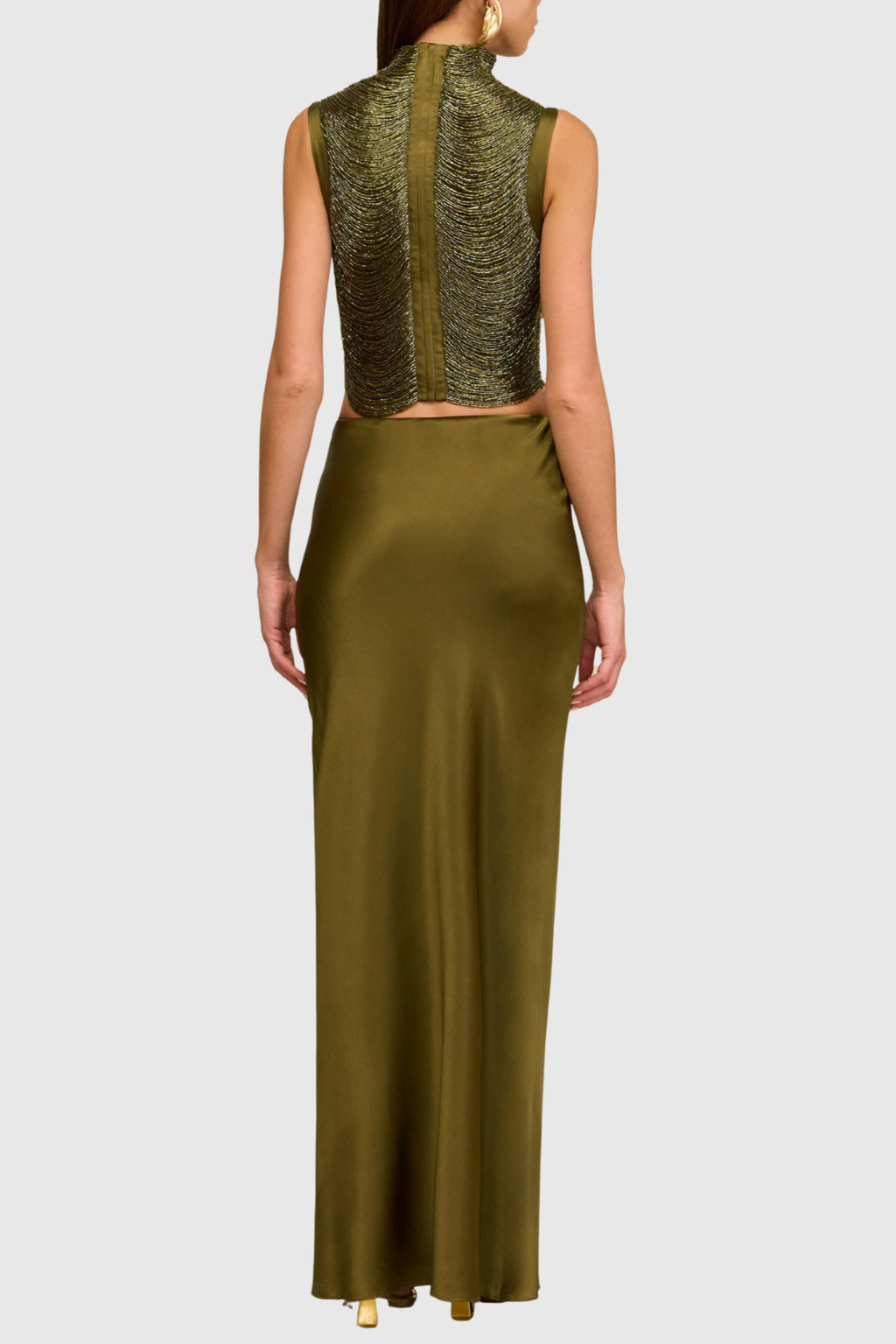 Fedde Fringe Satin Skirt Set In Olive