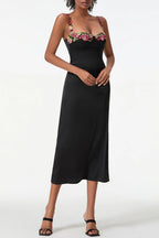 Satin Flower Embroidery Midi Dress