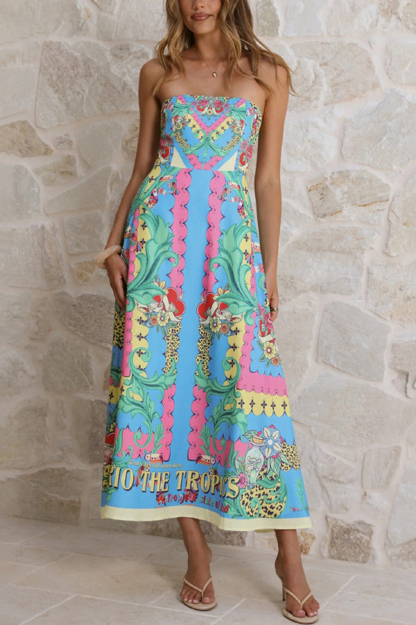 Unique Printed Sleeveless Off-shoulder Casual Vacation Midi Dresses