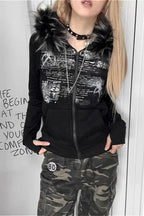 Y2K Faux Fur Collar Rhinestone Zip-Up Hoodie