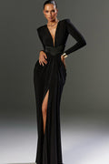 Deep V Padded Shoulder Long Sleeve High Slit Long Formal Dress